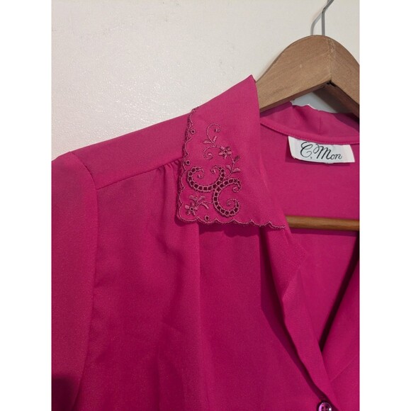 Vintage 80s  Silky Fuschia Pink Embroidered Collar Long Sleeve Blouse - Picture 2 of 4